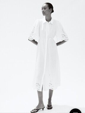 H&M Cream Eyelet Midi Shirt Dress with Tie Waist